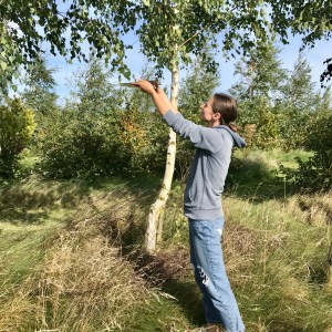 woman holding paper up to leaves on a tree 
