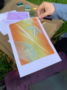 gelli plate print of leaves colourful